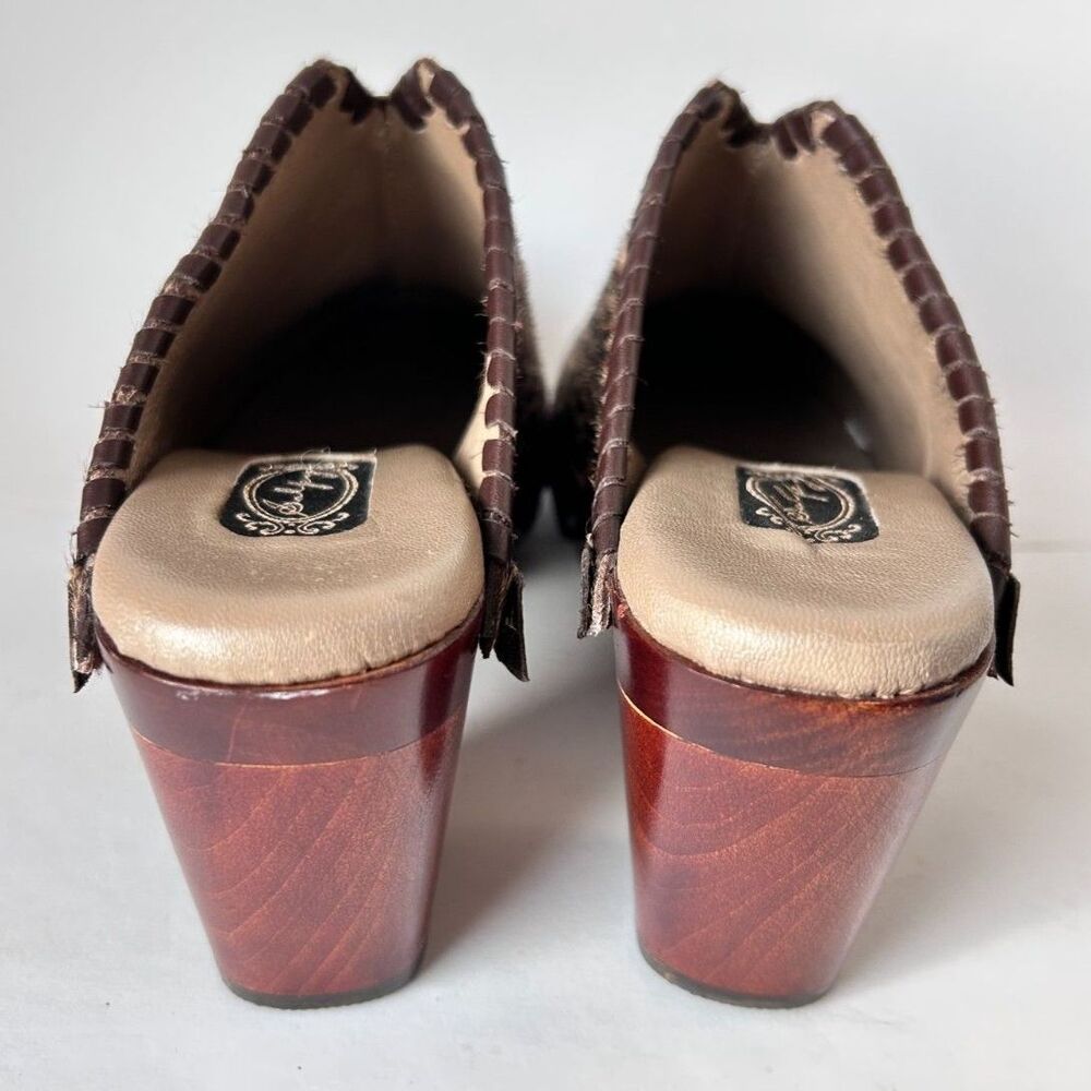 SALPY Studded Hand-Crafted Wooden Platform Leather Leopard Hair Clogs Mules - Picture 5 of 9